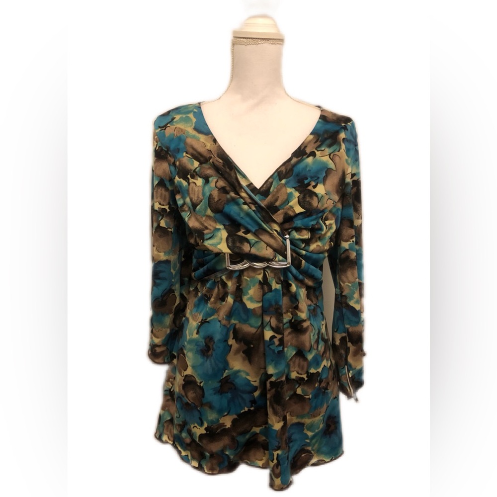 New Directions Teal & Brown Floral Multicolored Top Blouse Size L 3/4 Sleeves